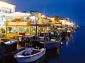 Harbour and restaurants, Le Grau-du-Roi, Gard departement, Provence, Mediterranean Sea, France, Europe
