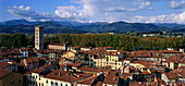 City overview with church San Frediano and Piazza, Lucca, Tuscany, Italy