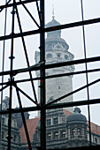 Looking through scaffolding to town hall, Leipzig, Saxony, Germany