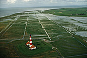 aerial photo lighthouse Westerhever, North Frisia, Wadden Sea, marshland, Schleswig-Holstein, North Sea, northern Germany
