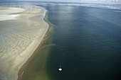 aerial photo, mudflat, sandflat, yacht anchored, Wadden Sea, German Bight, North Sea, Schleswig Holstein, northern Germany