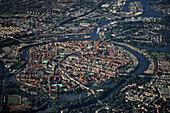 aerial photo of Lübeck, historic old town, Trave River, UNESCO World Heritage Site, Schleswig Holstein, Germany
