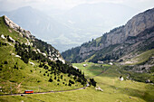 Pilatus Railway, the steepest cog railway in the world, Lake Lucerne, Pilatus (2132 m), Alpnachstad, Canton of Obwalden, Switzerland
