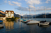 Hotel at harbor, Lake Lucerne, Weggis, Canton of Lucerne, Switzerland