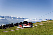 Rack railway Vitznau Rigi Bahn, the first mountain railway of Europe, on the way, Rigi Kulm, Canton of Schwyz, Switzerland
