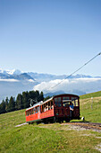 Rack railway Vitznau Rigi Bahn, the first mountain railway of Europe, on the way, Rigi Kulm, Canton of Schwyz, Switzerland