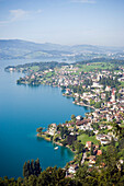 Aerial shot of Weggis at Lake Lucerne, Weggis, Canton of Lucerne, Switzerland