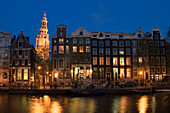 Amsterdam, Kloveniersburgwall, canal,Zuir Kirk at night