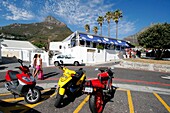 Motorbikes in front of beach bar, Clifton Beach, Capetown, South Africa