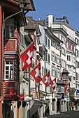 Switzerland, Zürich, old city center, Augustinergasse, 1,  august, swiss flags