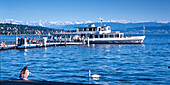 Switzerland Zuerich, lake steam boat at Zueri Horn pier, panorama