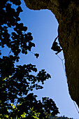 Gorge de la Jonte,  Falling climber on the route Totem 7a, South France. Europe, MR
