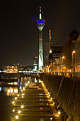 View of the Media Harbour at night with television tower in the background, Düsseldorf, state capital of NRW, North-Rhine-Westphalia, Germany