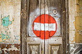 No entry painted sign, on old wooden door, old town, Valencia