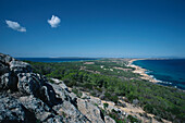 Rugged coastal landscape with sea, Formentera, Balearic Islands, Spain