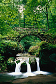 Brücke und Wasserfall am Schiessentümpel im Müllerthal, Luxemburger Schweiz, Luxemburg