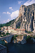 The small town of Sisteron with rocks and Durance river, Sisteron, Provence, France