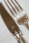 Close up of silver cutlery, knife and fork in Restaurant Alain Ducasse, Paris, France