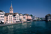 Vier over river Limmat to Old Town and St. Peter church, Zurich, Zurich, Switzerland