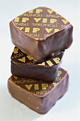 Close up of VIP pralines, chocolate, Sweets, Spruengli, Zurich, Switzerland