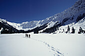 Drei Schneeschuhwanderer auf dem Nebelhorn, Allgäuer Alpen, Bayern, Deutschland