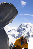 Man on the summit of Dent de Geant, 4013 m, south face, Mont Blanc, France, Italy