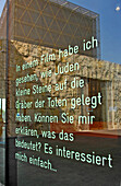 Writing on a glass panel of the new Jewish Centre with main synagogue in Munich, Bavaria, Germany