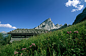 Alpine hut in front of Kleiner Watzmann and Watzmannkinder, Watzmann, Berchtesgaden Alps, Upper Bavaria, Bavaria, Germany