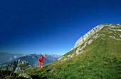 Female hiker ascending Sonnwendjoch, Rofan range, Tyrol, Austria
