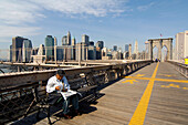 View of Manhattan Skyline and Brooklyn Bridge, New York City, New York, USA