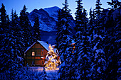 Schneebedecktes Blockhaus und Weihnachtsbaum, Post Hotel, Lake Louise, Alberta, Kanada