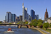 Frankfurt skyline with Main river and Commerzbank, Frankfurt, Hesse, Germany