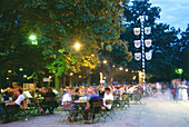Fully occupied beer garden at Hirschgarten, Munich, Bavaria, Germany