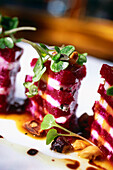 Salt roasted baby beet and burata cheese salad, toasted hazelnuts and arugula shallot citrus dressing, Restaurant Spago, Beverly Hills, L.A., Los Angeles, California, USA