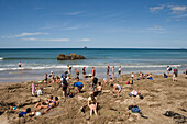 Menschen baden in heissen Thermalquellen am Hot Water Beach, Coromandel Peninsula, Nordinsel, Neuseeland