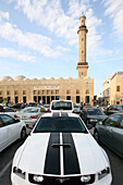 Cars in front of a Mosque in Bur Dubai, Dubai, United Arab Emirates, UAE