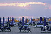 Deck chairs in a row on the beach, Forte dei Marmi, Tuscany, Italy