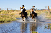 Cowboys reiten durch Bach, Oregon, USA