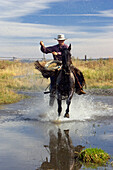 Cowboy reitet in Bachbett, Wilder Westen, Oregon, USA