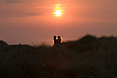 Silhouette von Paar in Dünen bei Sonnenuntergang, Henne Strand, Jütland, Dänemark, Europa