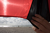 Hand hält Drachen am Strand, Henne Strand, Jütland, Dänemark, Europa