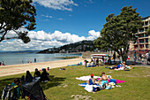 Beach at Oriental Parade, playground, beach boulevard at the harbour, Wellington, North Island, New Zealand