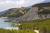 Village of Tiermas above lake, Embalse de Yesa, Aragón, Spain, Europe