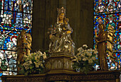 Altar with silver-plated Madonna and baldachin inside monastery, church Real Colegiata, Roncesvalles, Navarra, Spain