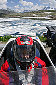 Motorbike tour in June across the Alps, Grimsel Pass, Lake Grimsel with ice floes, family touring with sidecar, girl, MR, Canton Berne, Switzerland, Europe