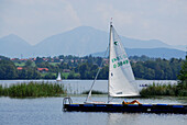 Junge Frau beim Sonnenbad auf einem Steg mit Segelboot, im Hintergrund die Bayerischen Alpen, Staffelsee, Oberbayern, Bayern, Deutschland