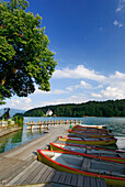 Landing stage with rowing boats, lake Walchensee, Upper Bavaria, Bavaria, Germany