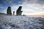 Eine Person steht neben Raukstein Felsen, Langhammar, Faro, Gotland, Schweden