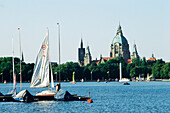 Boats on Maschsee Lake with Town Hall and Marktkirche Church, Hannover, Lower Saxony, Germany