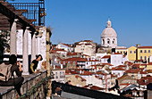 View on Alfama quarter with National Pantheon of Santa Engracia in background from Santa Luzia viewpoint. Lisbon. Portugal
